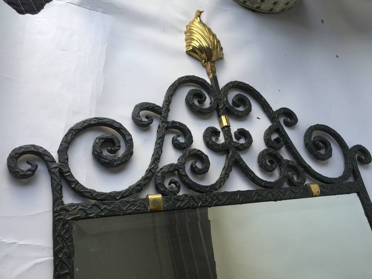 French Art Deco Hand-Forged Black Iron Ornate Mirror