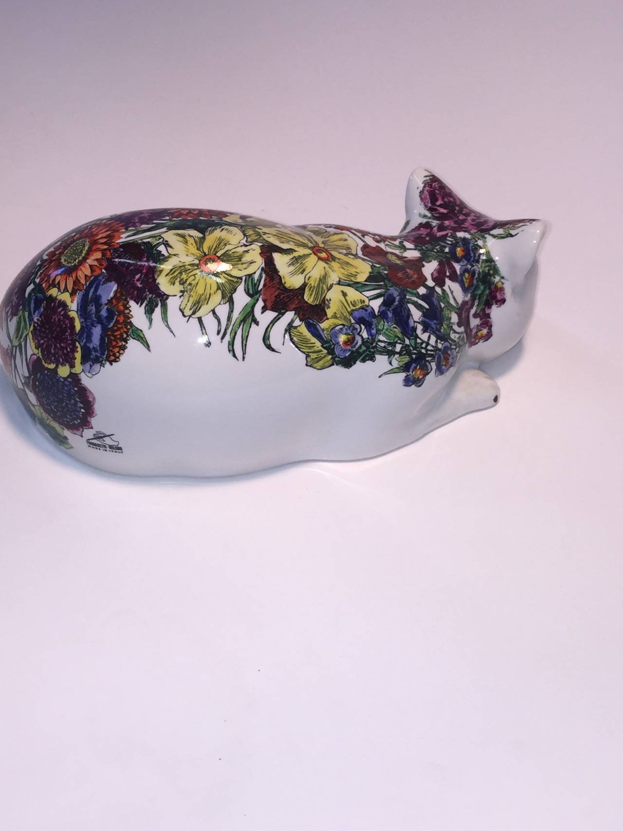 Mid-Century Modern Fornasetti Flower Decorated Ceramic Cat Sculpture