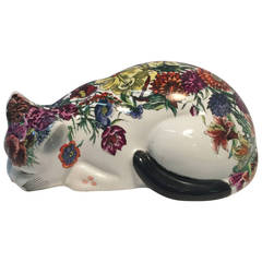 Fornasetti Flower Decorated Ceramic Cat Sculpture