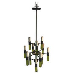 Italian Glass and Bronze Modernist Chandelier in the Manner of Fontana Arte