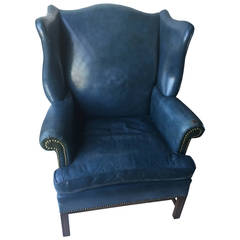 Vintage Denim Blue Leather Wingback Chair and Ottoman