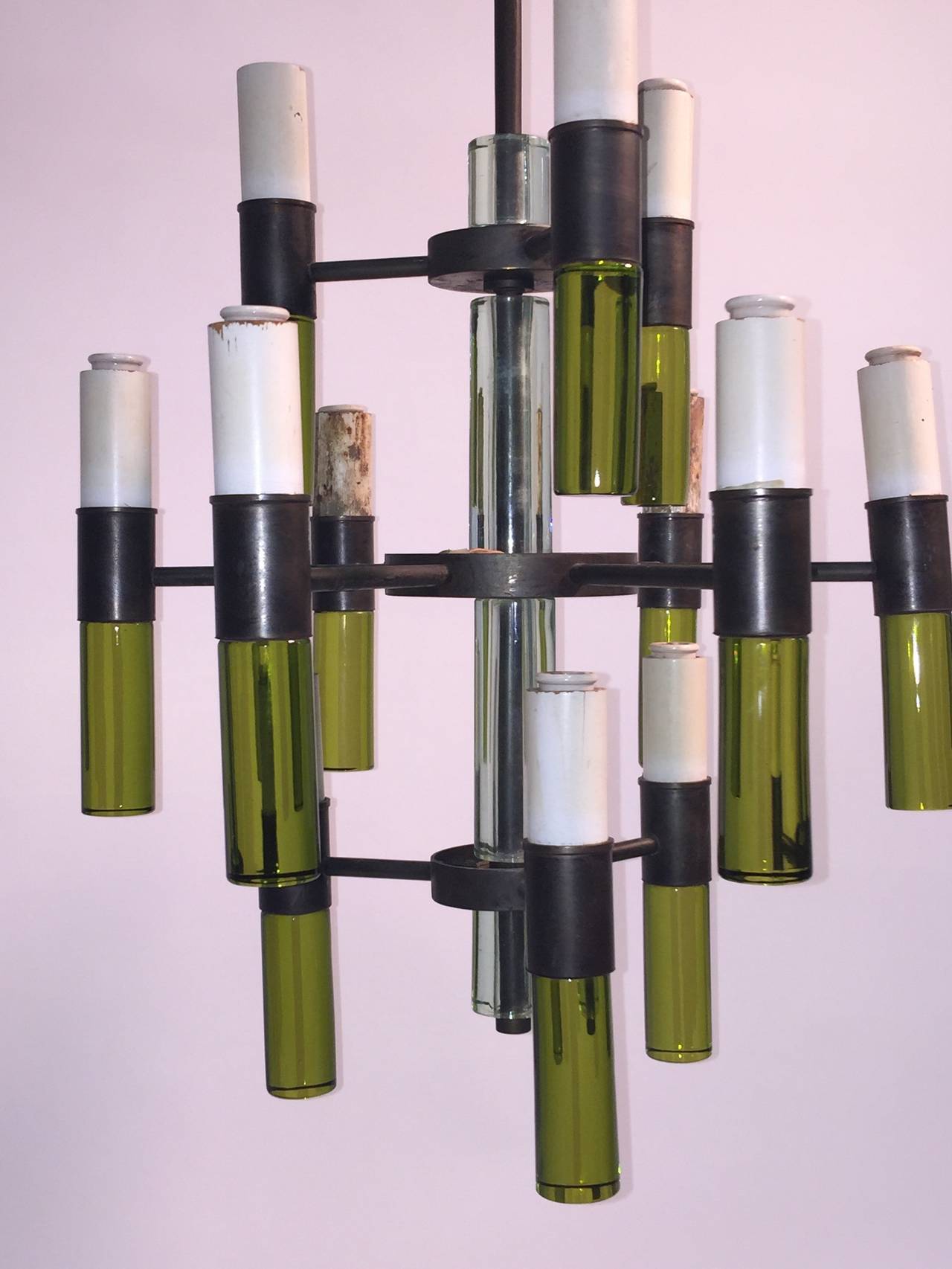 Italian Glass and Bronze Modernist Chandelier in the Manner of Fontana Arte
