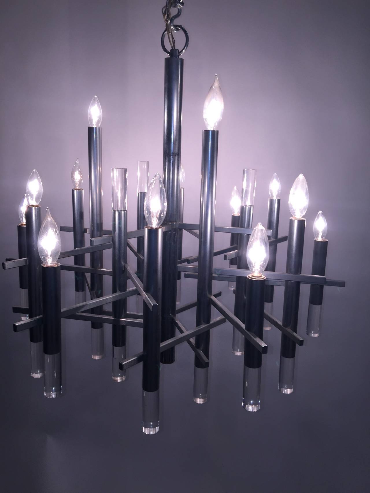Large,Impressive polished chrome and lucite Cylinder design chandelier designed by Italian light Master Gaetano Sciolari circa 1970's.A truly great design perfect for any modern and eclectic settings.