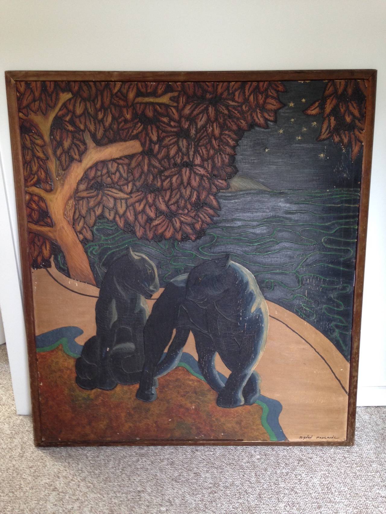 A very interesting oil painting on Masonite of two black panthers near an exotic seashore with a lush tree and Starry Night Sky.With the technique of a thick three dimensional oil paint this is a very well done period Art Deco Scene.
Painted in the