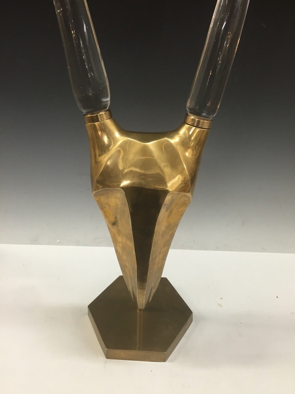 A Great Solid Brass and elegant Glass Horn Gazelle Head Sculpture a perfect modernist addition to any clean eclectic modern setting.
