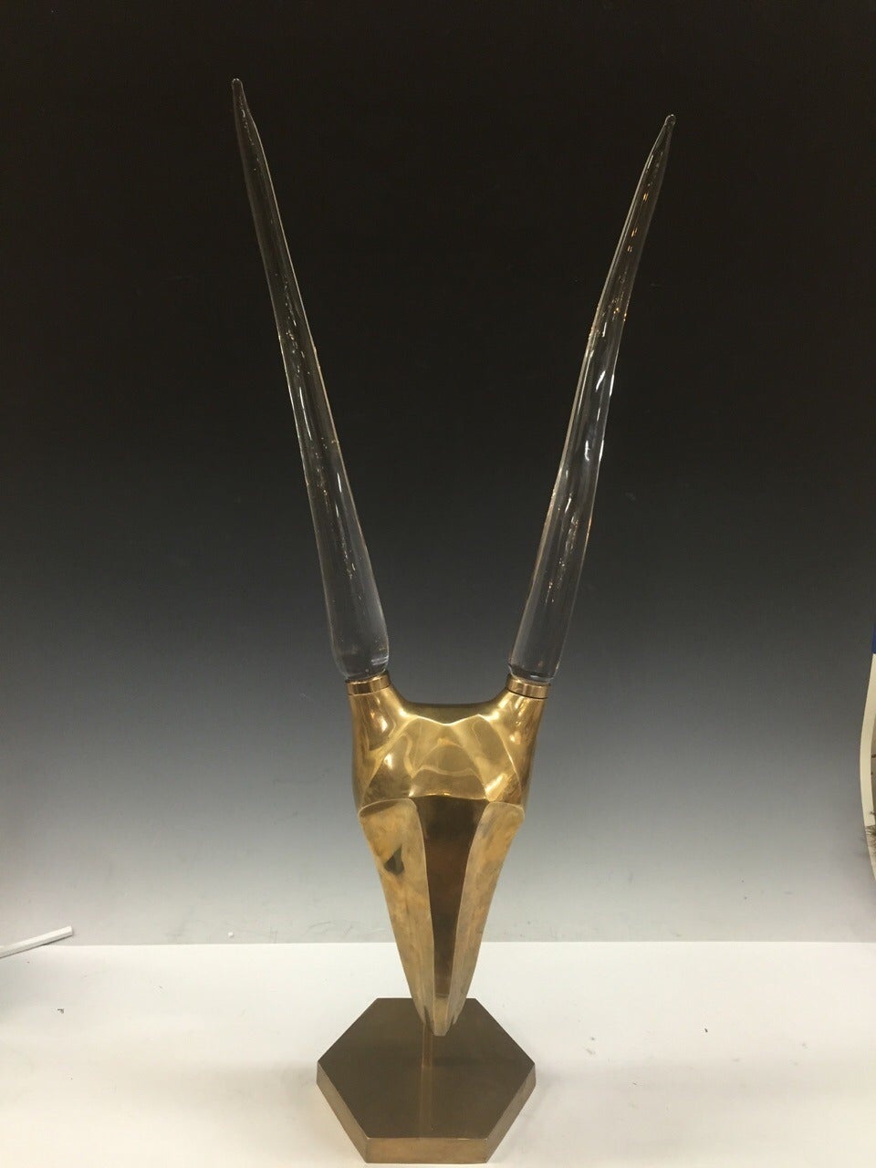 20th Century Modernistic Brass and Glass Gazelle Head Sculpture For Sale