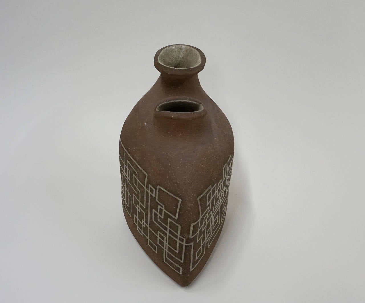 Hand-Crafted 1950s Dual Mouth Ceramic Vessel with Geometric Design