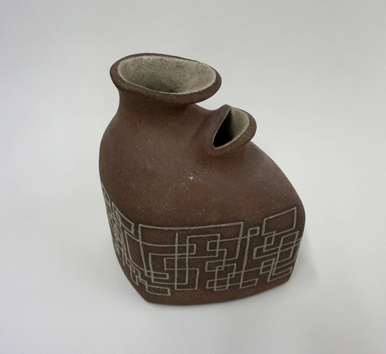 American 1950s Dual Mouth Ceramic Vessel with Geometric Design