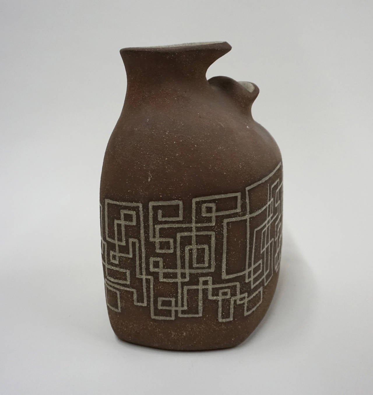 1950s Dual Mouth Ceramic Vessel with Geometric Design In Good Condition In San Diego, CA