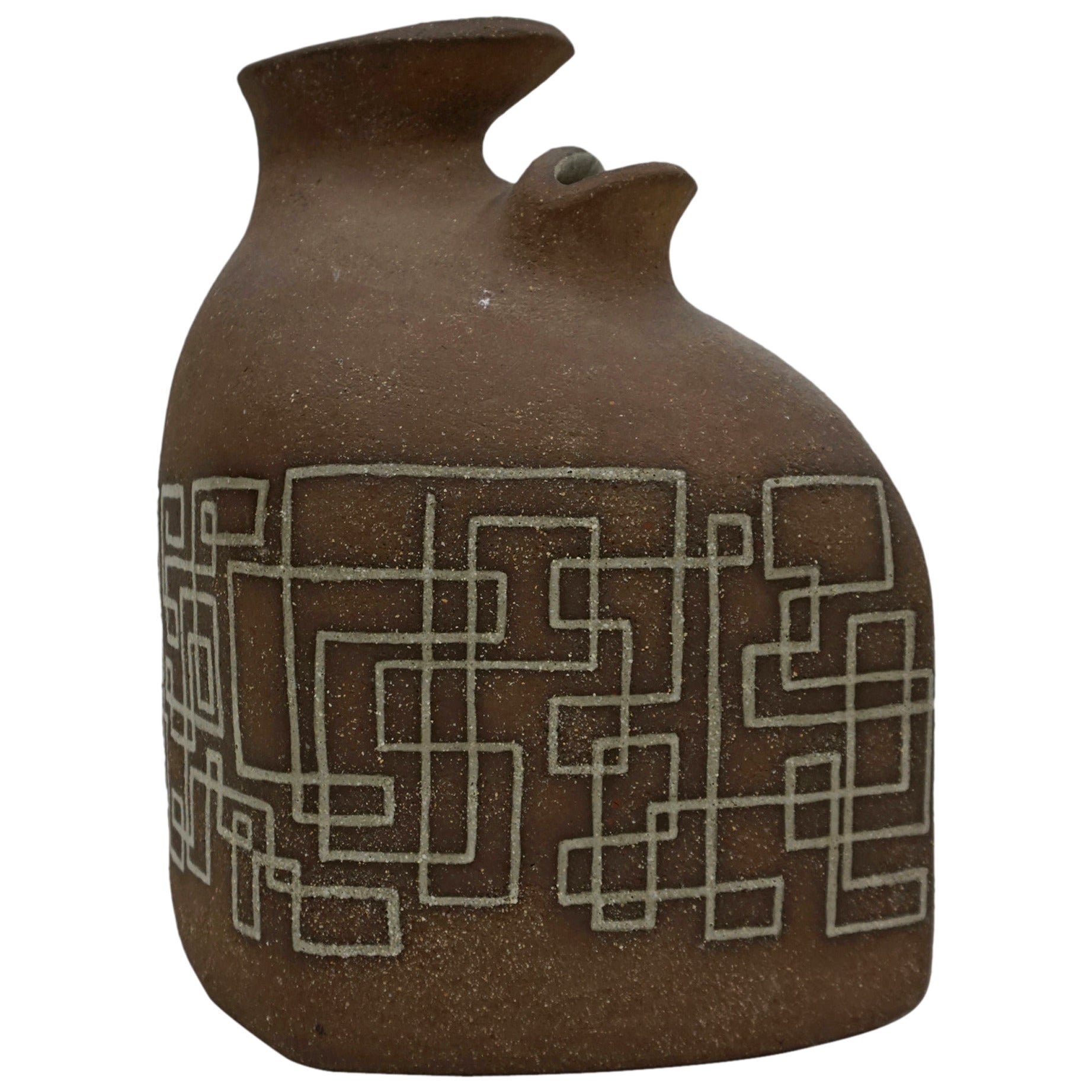 1950s Dual Mouth Ceramic Vessel with Geometric Design