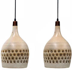 Pair of Pierced Ceramic Hanging Lamps with Walnut Fittings by Design Technics