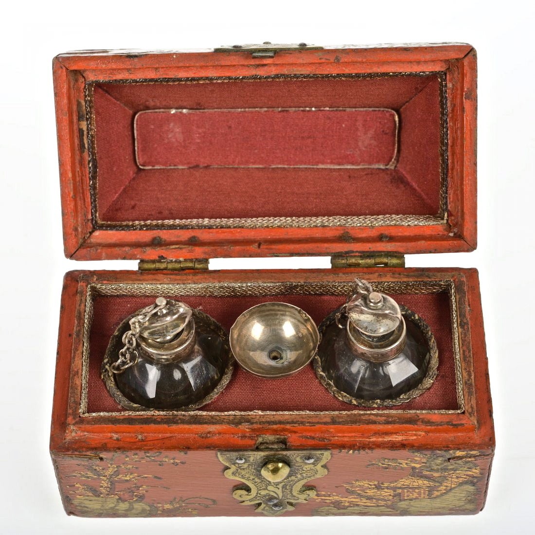 Red Lacquer, Gilt Bronze and Gold Chinoiserie French Perfume Nécessaire