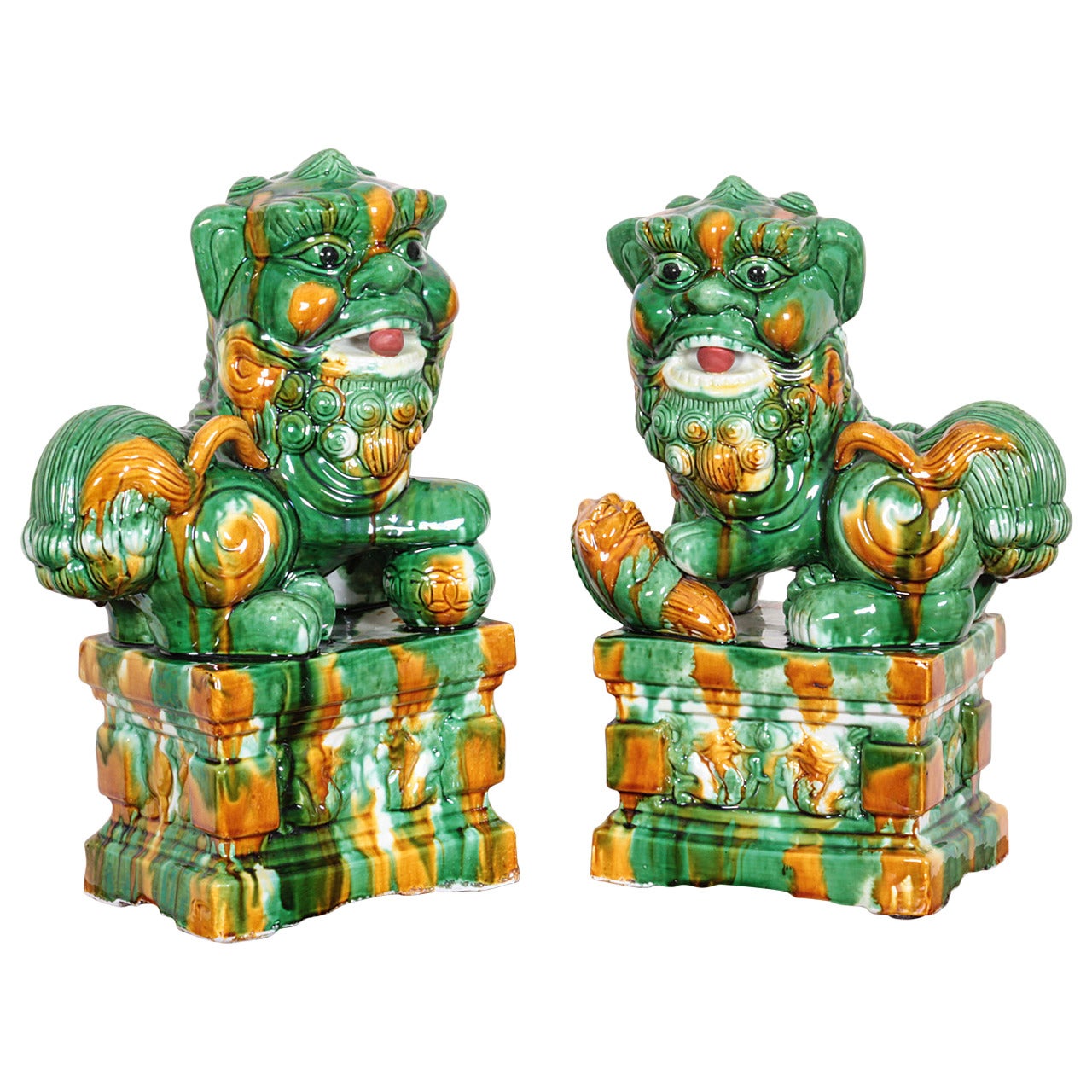 Pair of Mid-Century Chinese Porcelain Sancai Foo Dogs