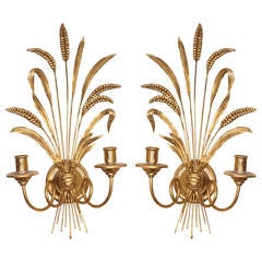Pair of Giltwood and Gesso Wheat Sheaf Sconces