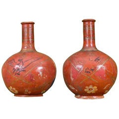 Antique Pair of Slip Painted Pottery Vases Both Stamped Toribio Campechano
