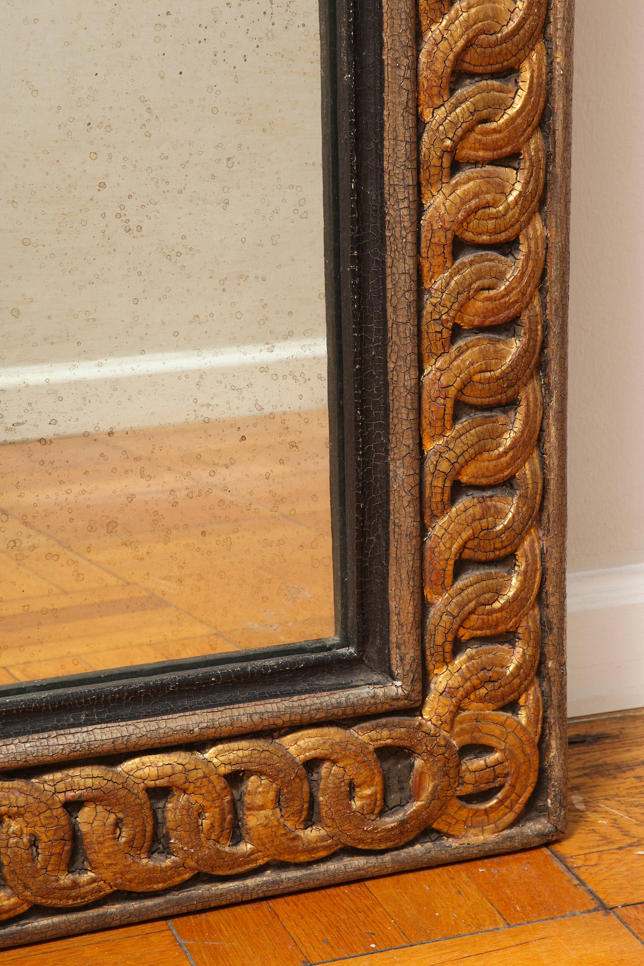  Italian Gilded and Silvered Carved Resin Mirror, Link Pattern Motif In Excellent Condition In New York, NY