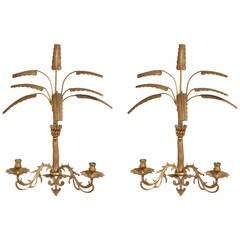 Pair of Grand-Scale Palm Tree Foliate Brass Two-Arm Wall Sconces