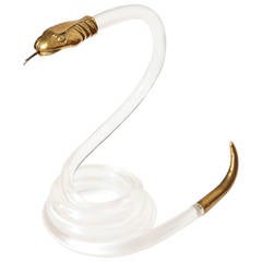 Lucite Coiled Snake Sculpture with Bronze Head and Tail