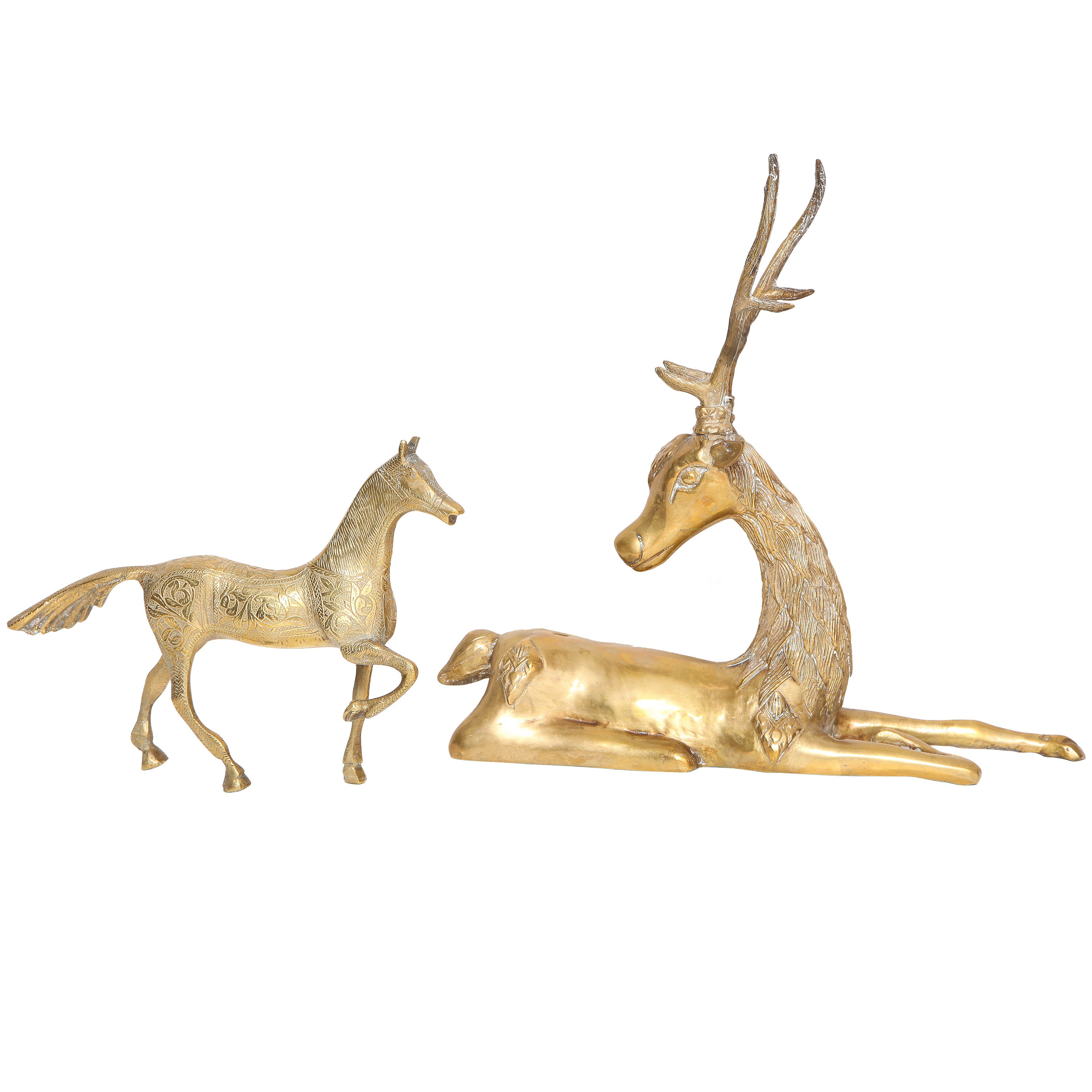 Hollywood Regency Gilt Brass Recumbent Deer and Prancing Horse For Sale