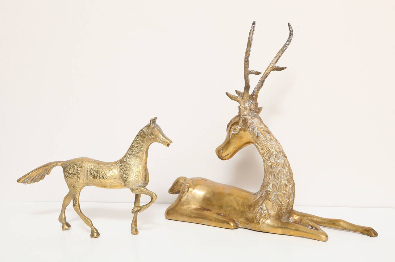 Mid-20th Century Hollywood Regency Gilt Brass Recumbent Deer and Prancing Horse For Sale