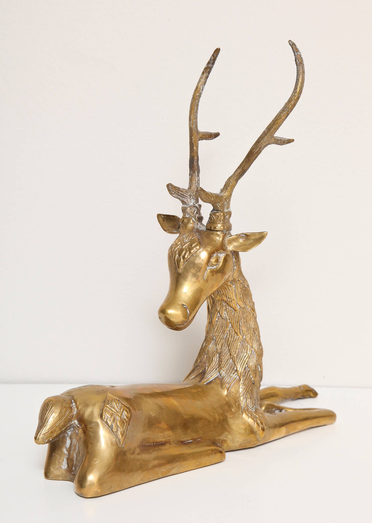 Hollywood Regency Gilt Brass Recumbent Deer and Prancing Horse For Sale 3
