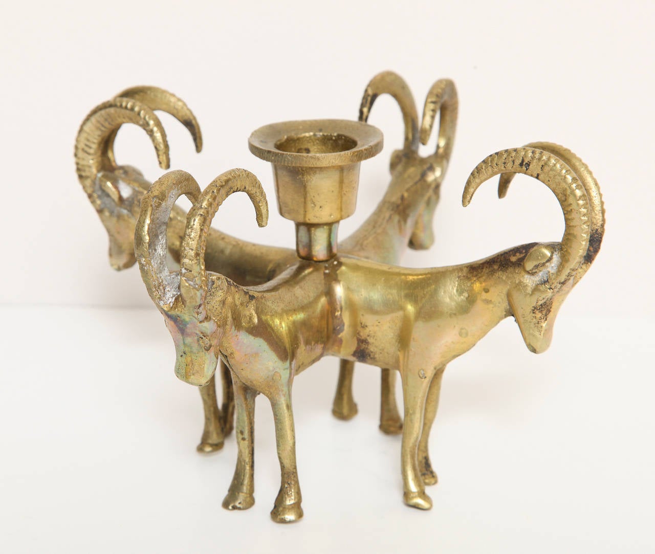 Mid-20th Century Bronze Single Candlestick with Four Ram's Head Support
