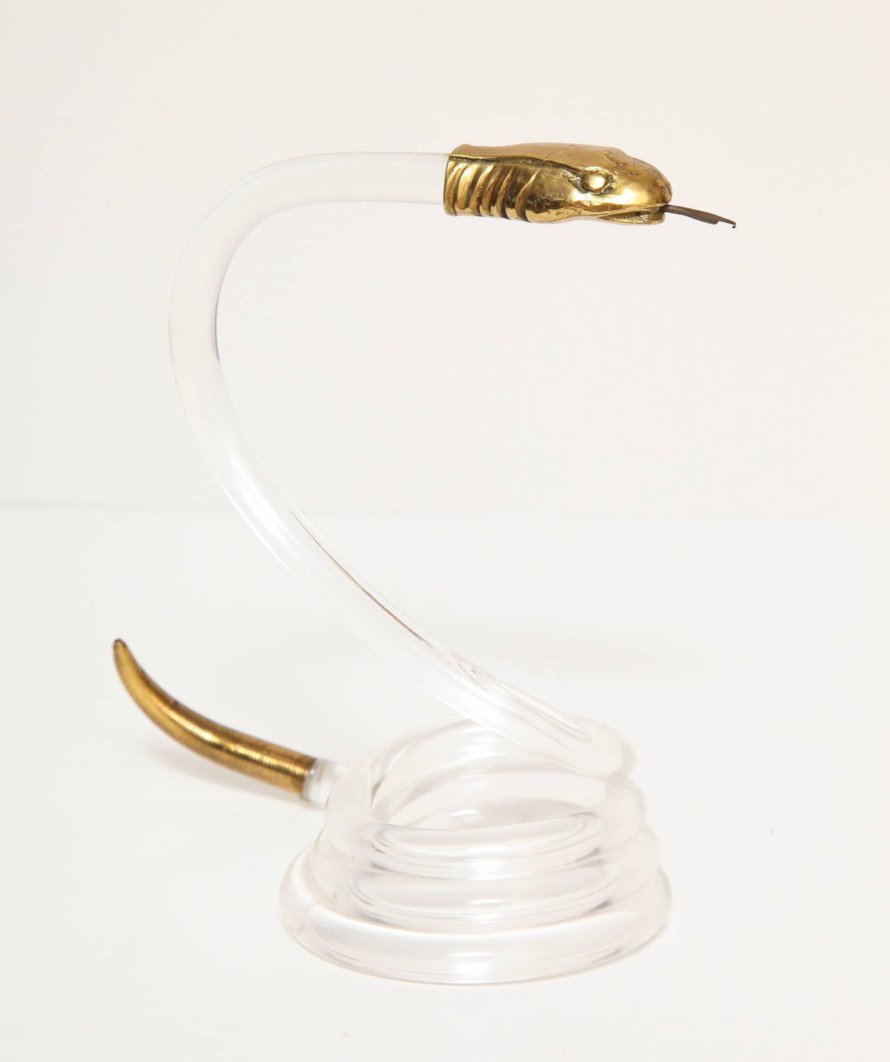 Lucite Coiled Snake Sculpture with Bronze Head and Tail
