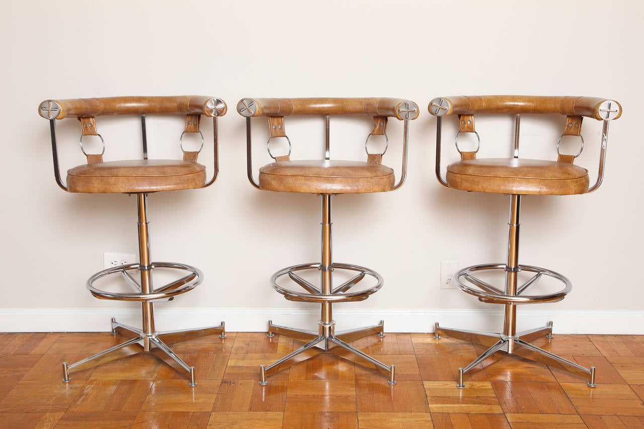 Set of Three Chrome and Vinyl Swivel Bar Stools In Good Condition In New York, NY