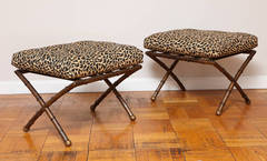 Pair of X-Form Gilt Metal Faux Bamboo Ottomans with Leopard Print Fabric