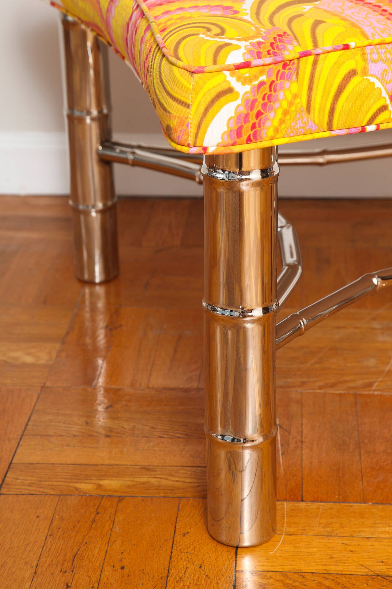 Faux Bamboo Ottoman with Chrome Legs and Stretcher in Emilio Pucci Fabric In Excellent Condition In New York, NY