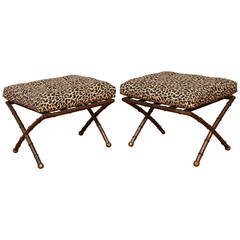 Pair of X-Form Gilt Metal Faux Bamboo Ottomans with Leopard Print Fabric