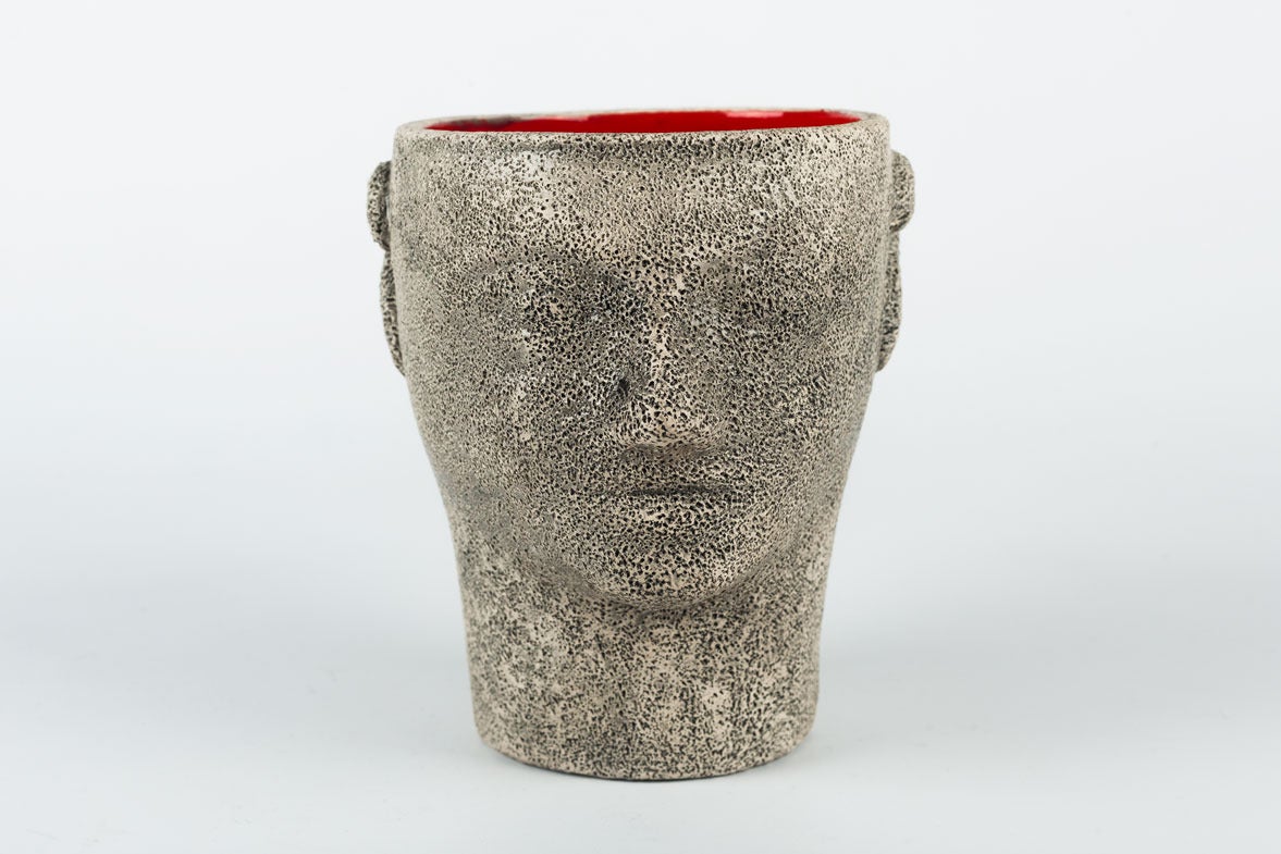 Clay Brutalist Pottery Head Cup by Francis Triay, White Red Glaze Inside, France 1970