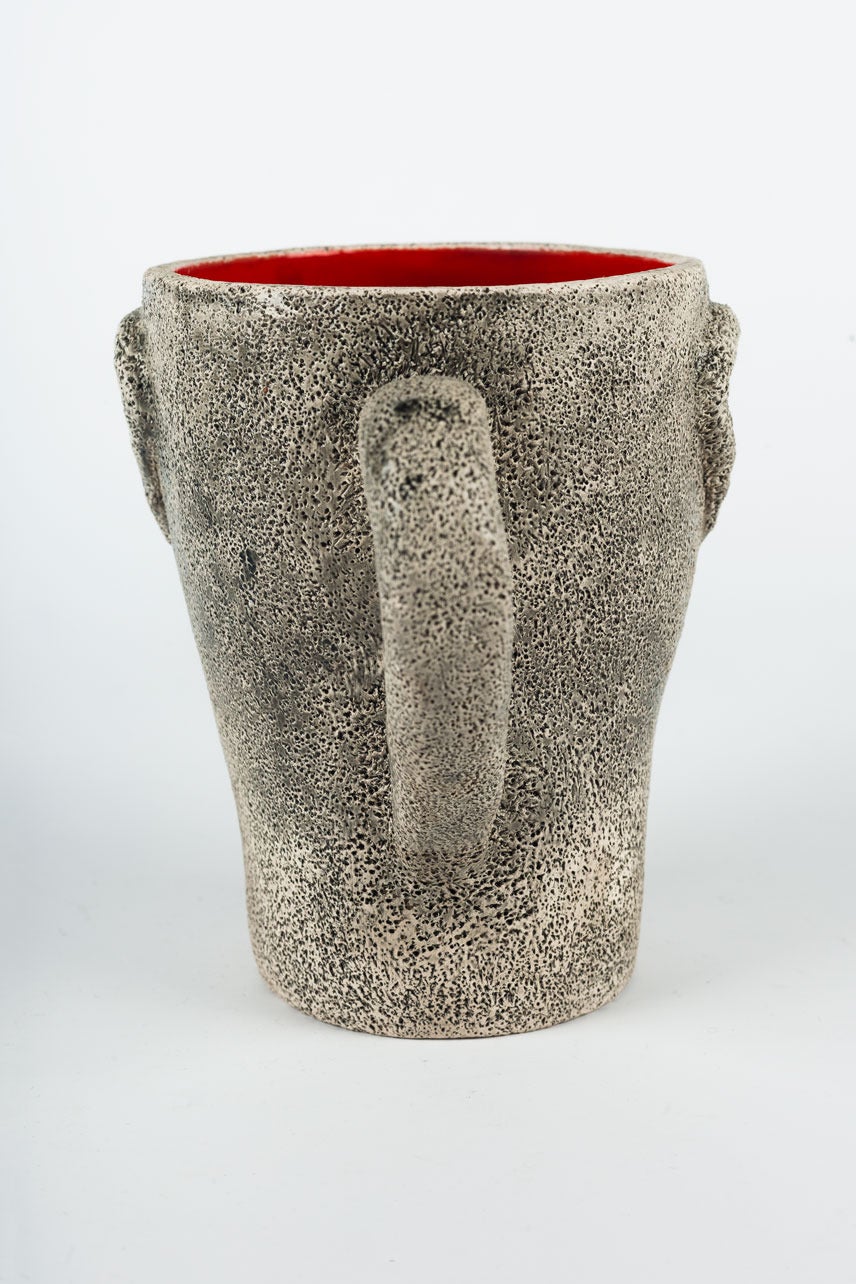 French Brutalist Pottery Head Cup by Francis Triay, White Red Glaze Inside, France 1970