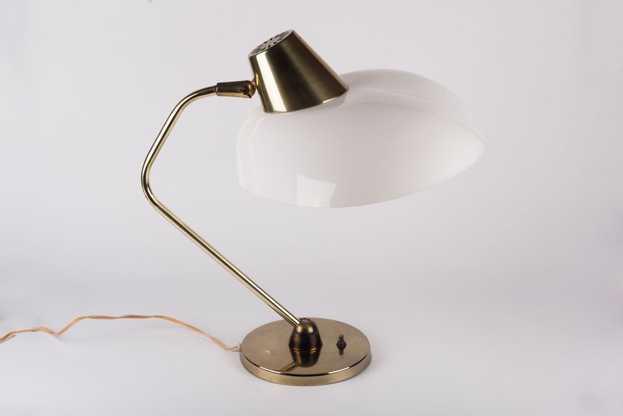 Large American table lamp by Prescolite. Regal, robust. Brass body and acrylic shade.