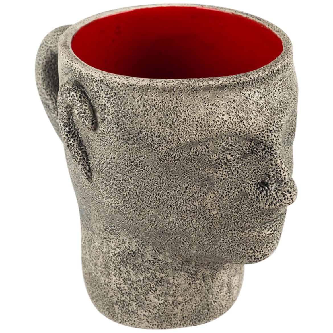 Brutalist Pottery Head Cup by Francis Triay, White Red Glaze Inside, France 1970