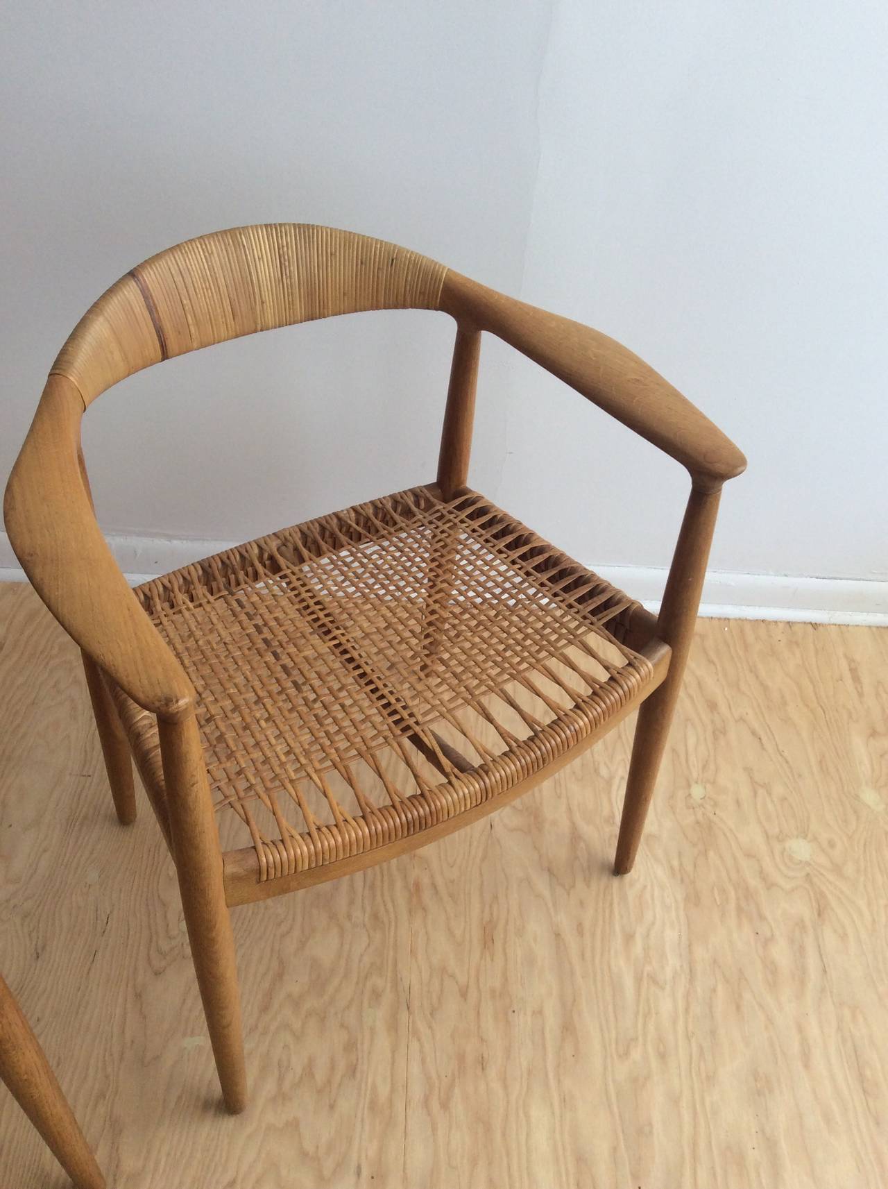 Mid-Century Modern Oak and Cane Round Chairs by Hans Wegner For Sale