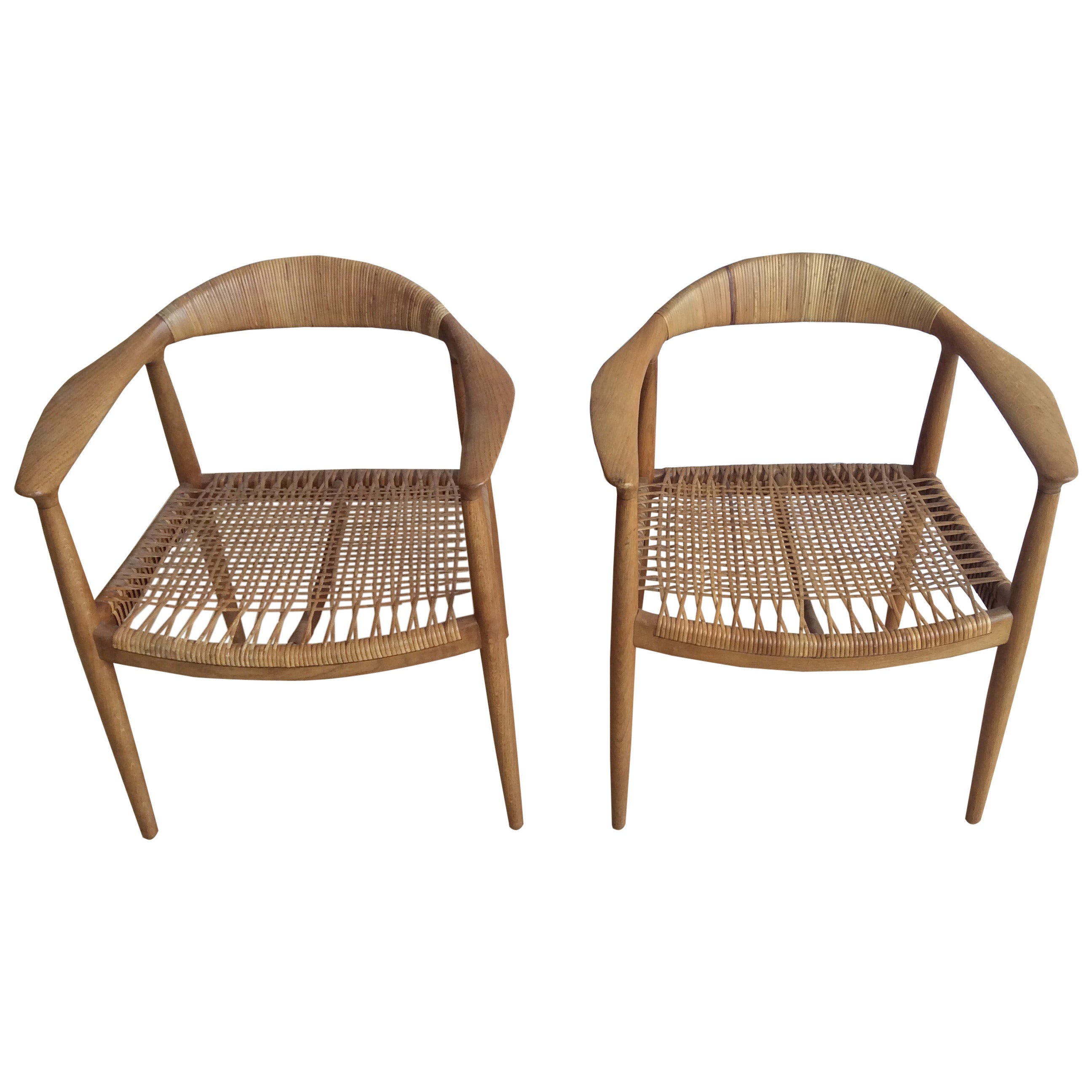 Oak and Cane Round Chairs by Hans Wegner For Sale