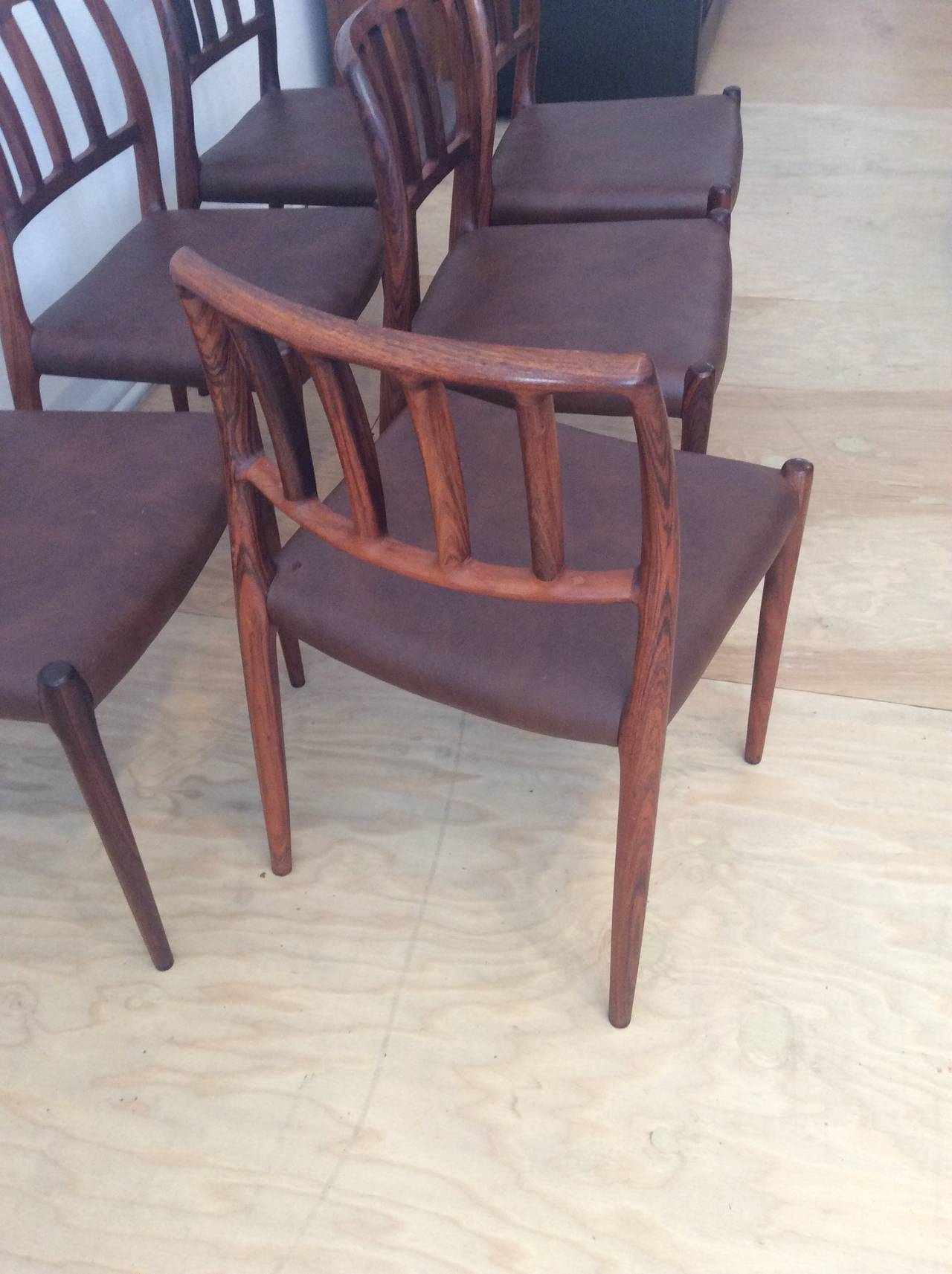 Six Rosewood N.O. Møller Dining Chairs, Model 83 For Sale 1