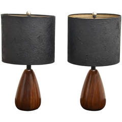 Mid-Century Pair of Walnut Teardrop Shape Table Lamps