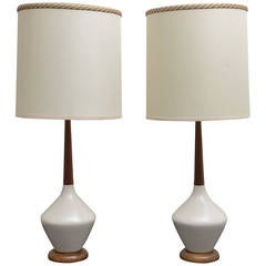 Midcentury Pair of Walnut and Ceramic Table Lamps