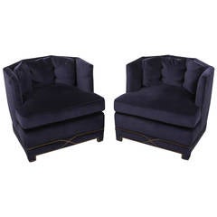 Mid-Century Pair of Blue Velvet Club Chairs