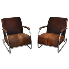 Pair of Art Deco Cowhide and Chrome Lounge Chairs
