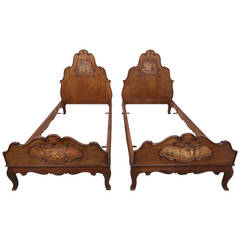 Pair of French Walnut Twin Beds with Cherub Paintings