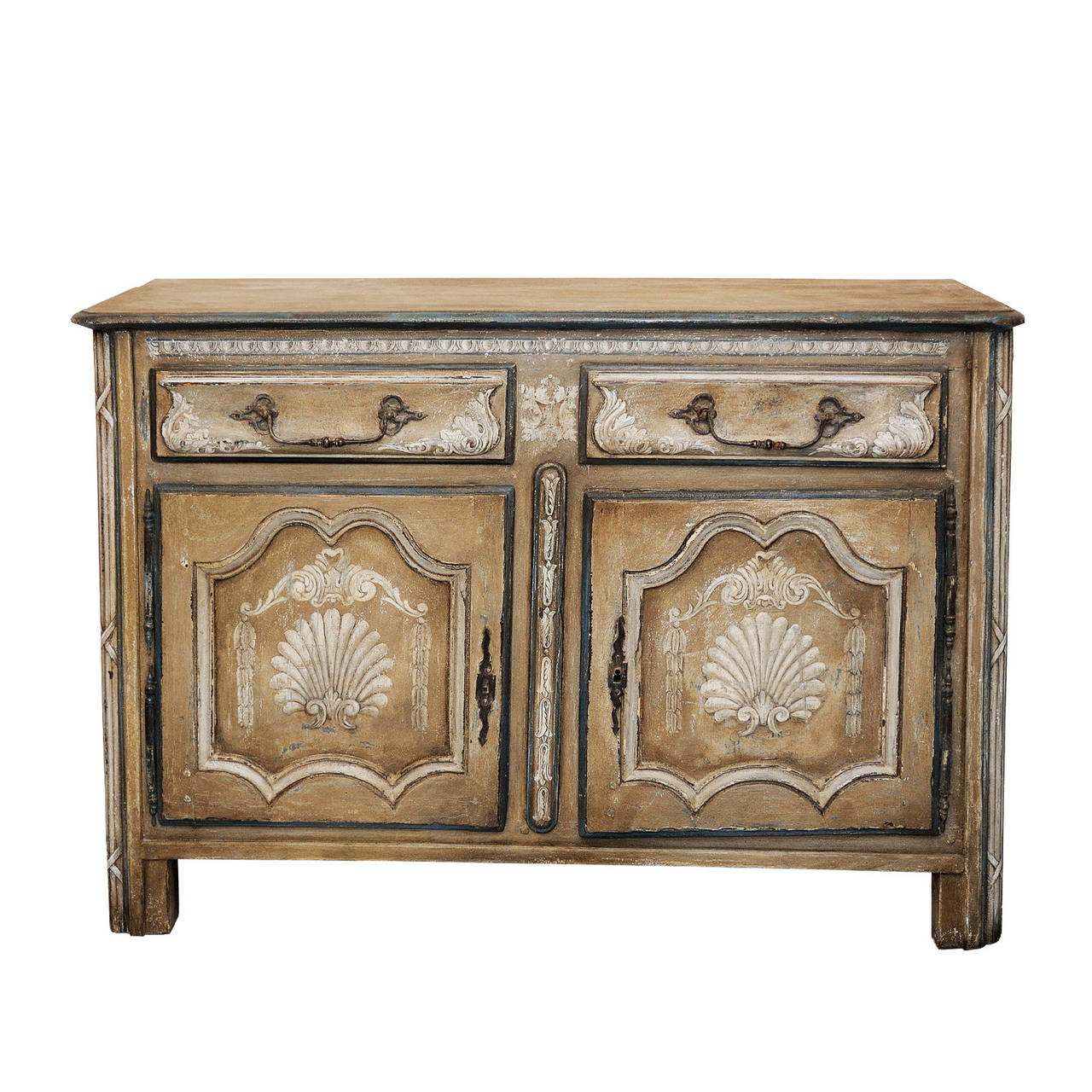 This is a very attractive French 18th century Louis XVI painted cupboard buffet (or server/sideboard) featuring lovely shell motif painted decoration with two drawers and decorated cupboard doors. Paintwork refreshed, circa 1780.