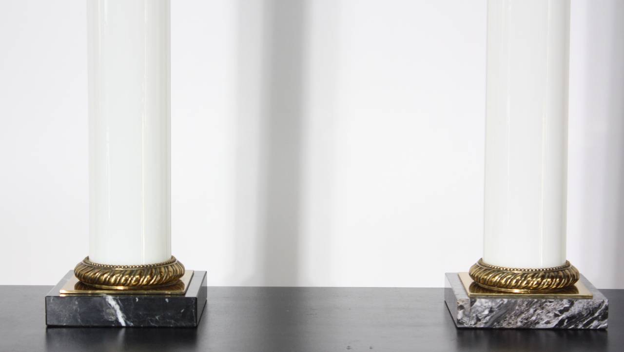 Mid-20th Century Pair of Paul Hanson Opaline Glass and Marble Table Lamps