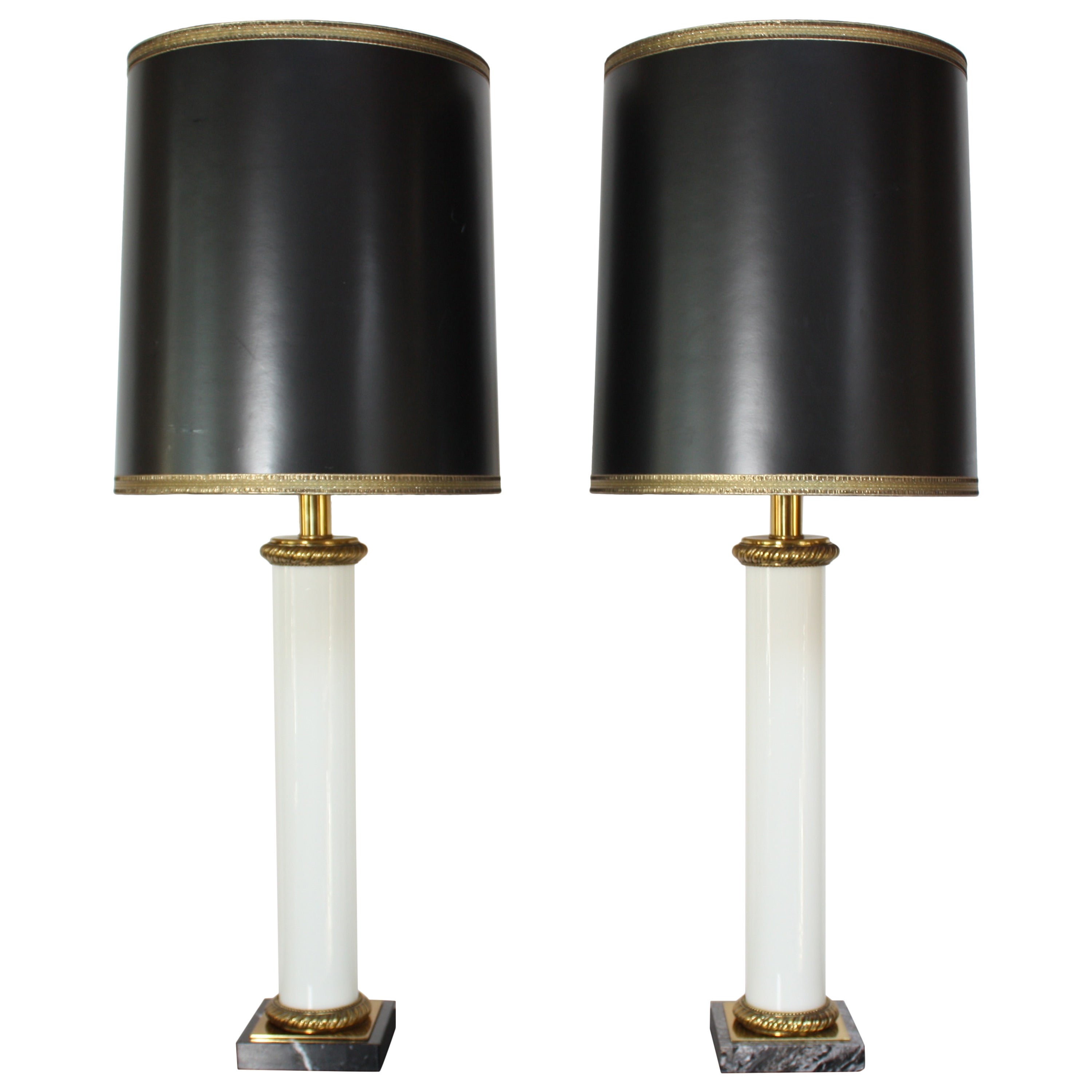 Pair of Paul Hanson Opaline Glass and Marble Table Lamps