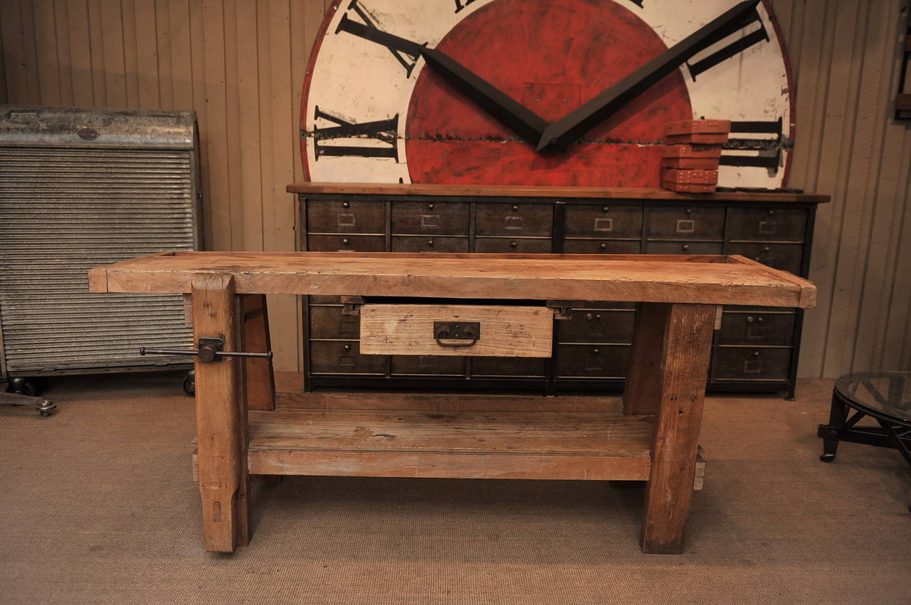 Industrial French Carpenter's Work Bench with Vice Circa 1920 For Sale