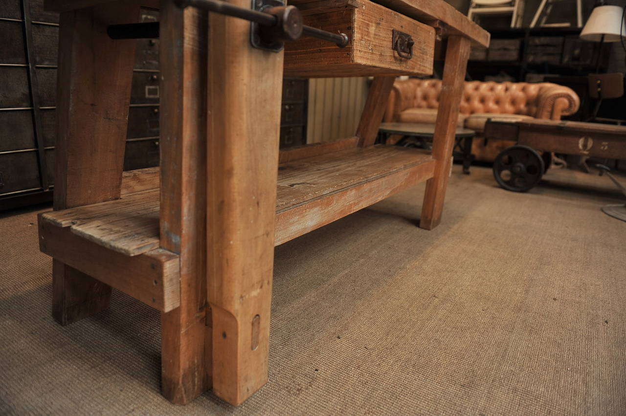 Beech French Carpenter's Work Bench with Vice Circa 1920 For Sale