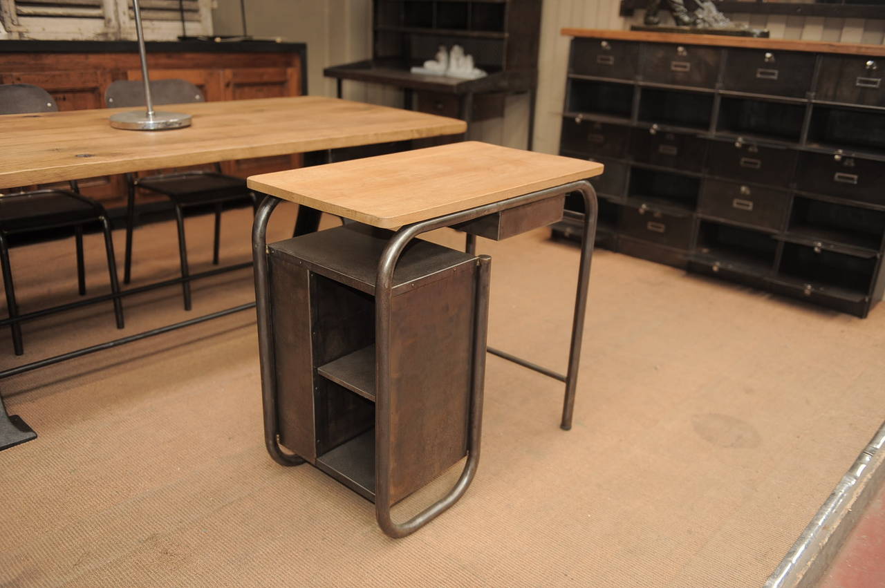 Iron Industrial Child's Desk 1950s in Metal with Oak Top