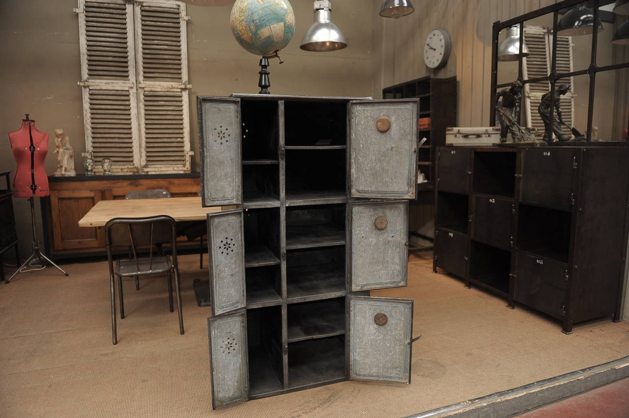 French Vintage Iron Boat Six Doors Industrial Cabinet, circa 1910